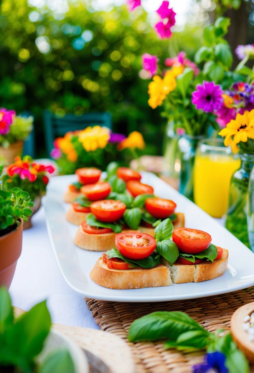 A table set with bruschetta topped with fresh tomatoes and basil, surrounded by vibrant greenery and colorful flowers, creating a festive garden party atmosphere