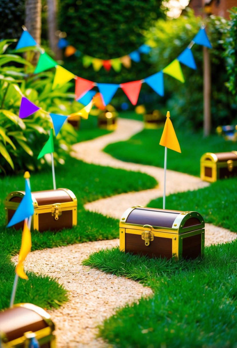 A lush garden with hidden treasure chests, colorful flags, and winding paths for a lively treasure hunt adventure game