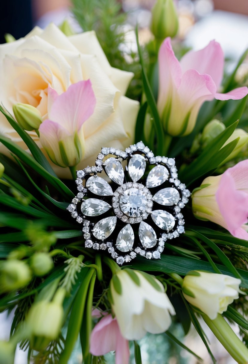 A sparkling gemstone brooch adorns a floral centerpiece at a garden party. Delicate petals and lush greenery surround the elegant accessory, adding a touch of glamour to the outdoor setting