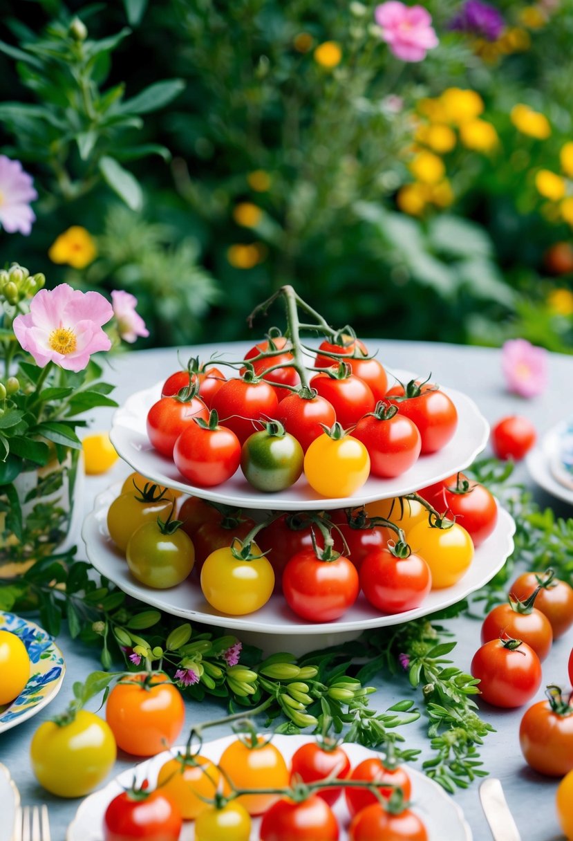 A table adorned with a variety of colorful stuffed cherry tomatoes, surrounded by lush greenery and blooming flowers