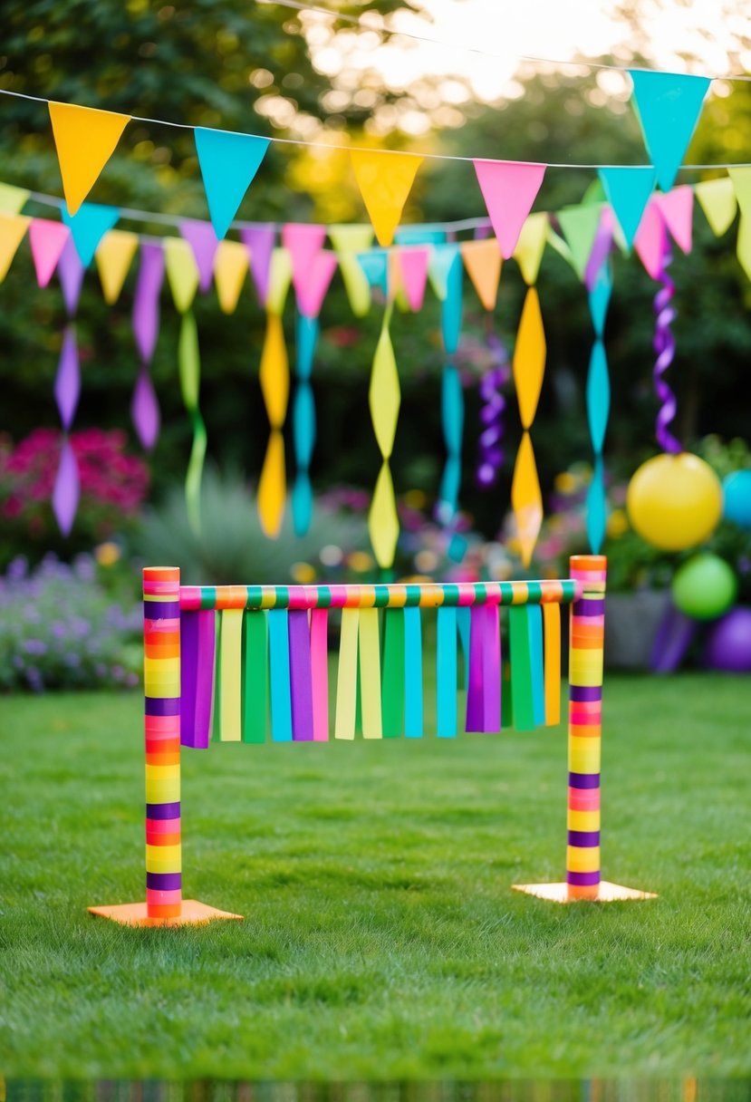 A lively garden with colorful streamers, music, and a limbo stick set up for a festive dance-off