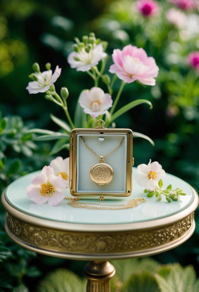 A lush garden setting with a vintage table adorned with delicate flowers, where an engraved locket serves as the centerpiece of a stylish jewelry display