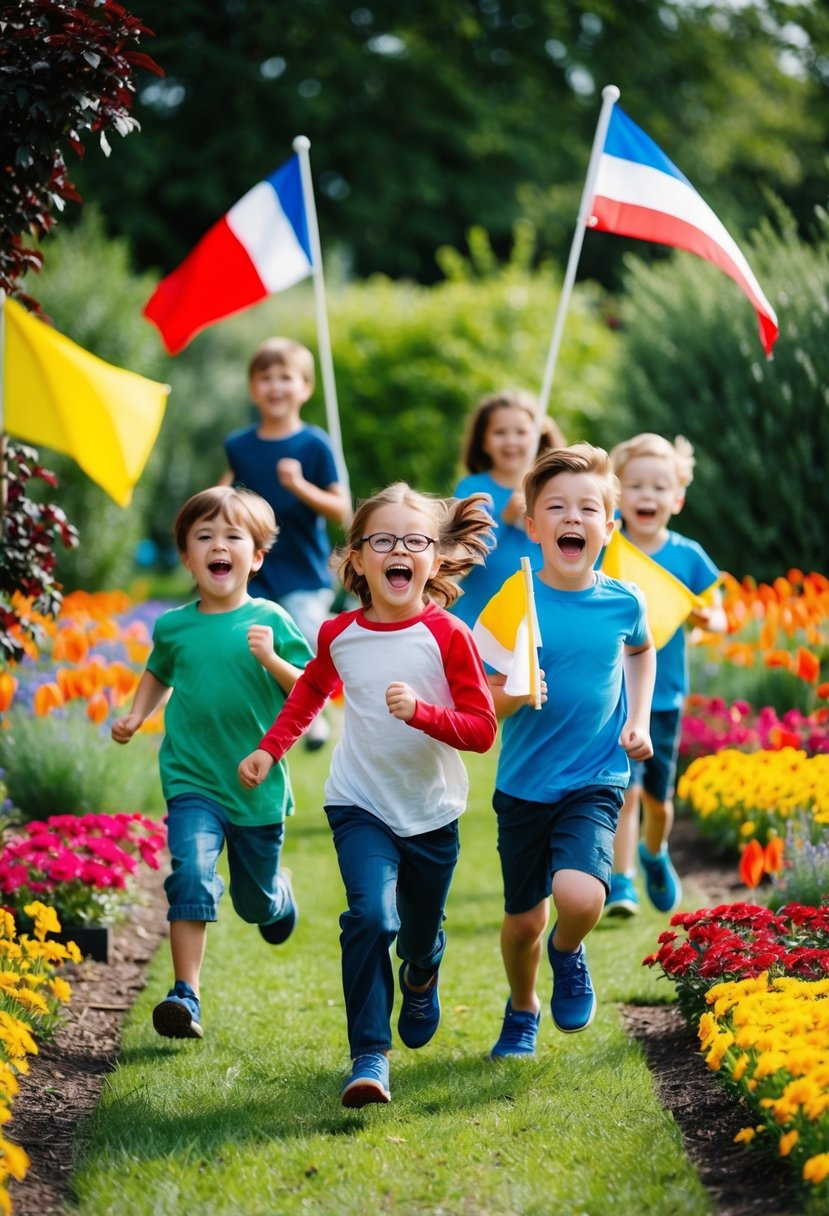 Children run through a colorful garden, weaving between flower beds and trees, clutching flags while laughing and shouting