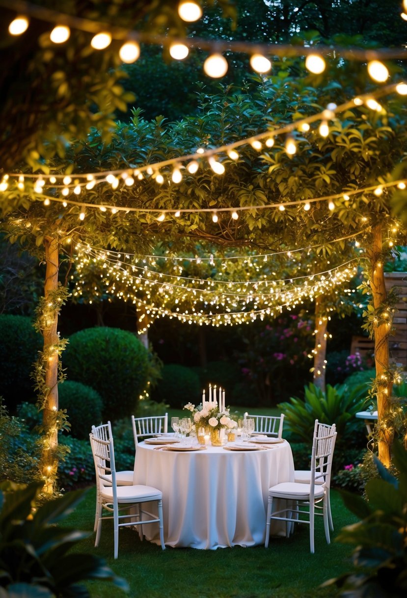 A lush garden adorned with twinkling fairy lights, casting a warm and enchanting glow over the whimsical party setting
