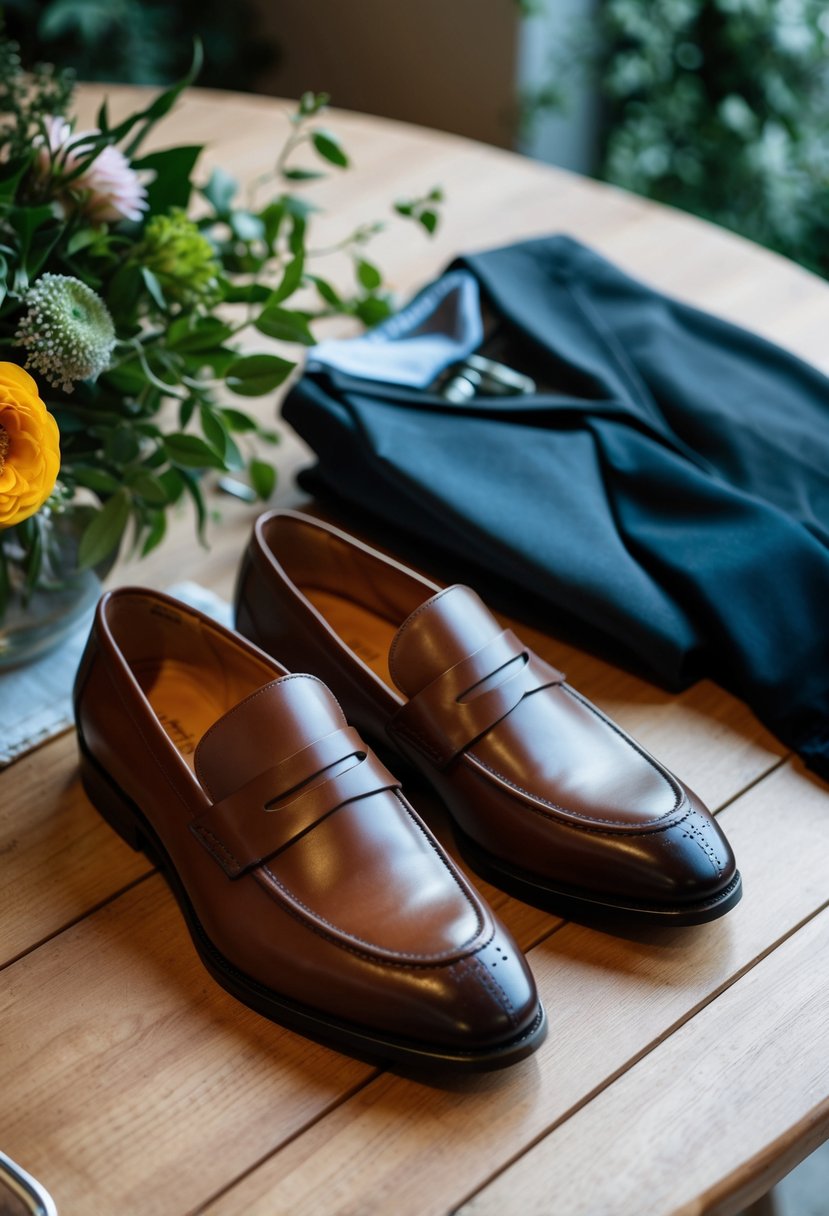 A man's pair of brown loafers placed next to a neatly arranged outfit on a wooden table, surrounded by greenery and flowers