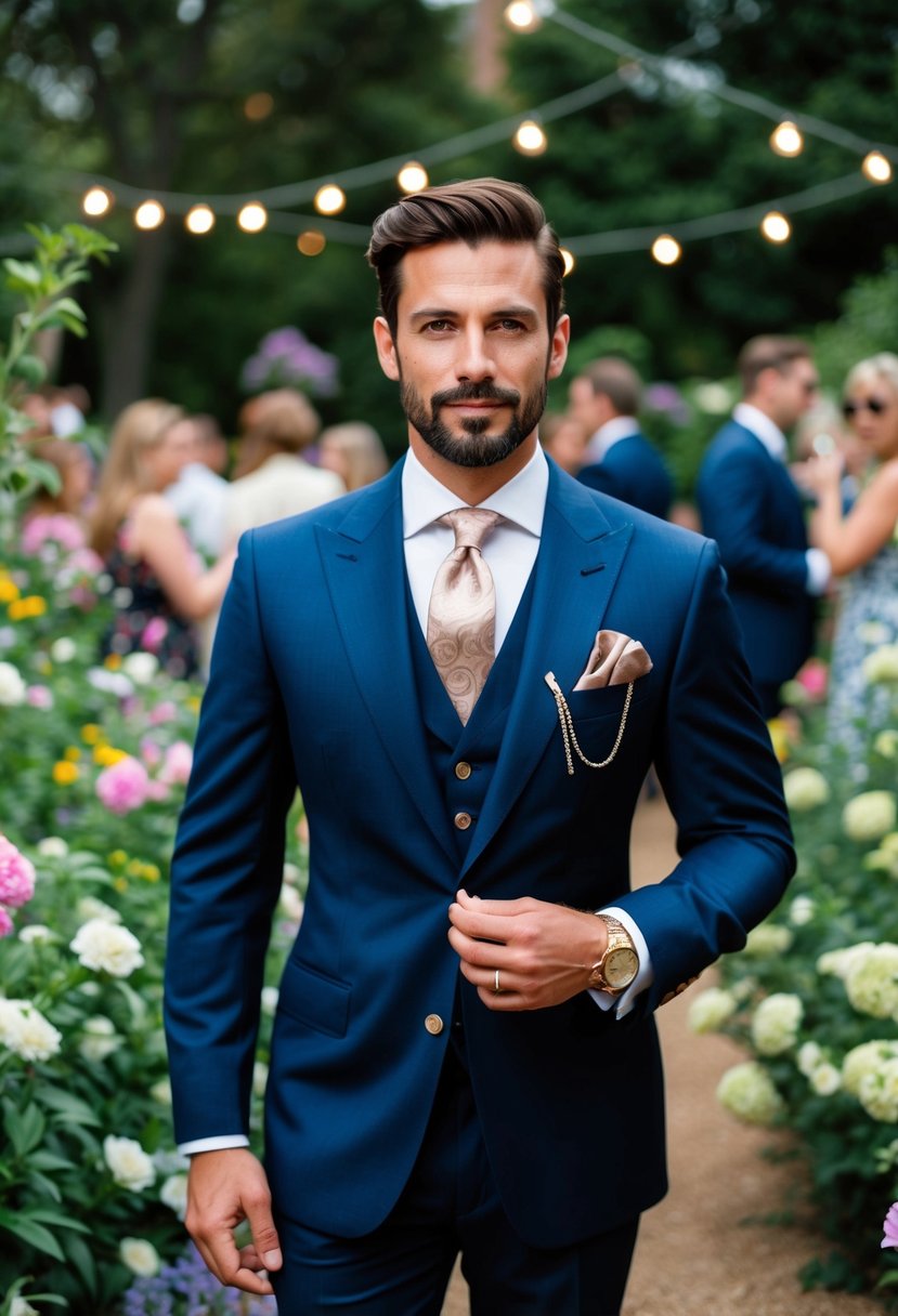 A dapper man in a tailored suit with a silk pocket square, surrounded by blooming flowers and greenery at a garden party