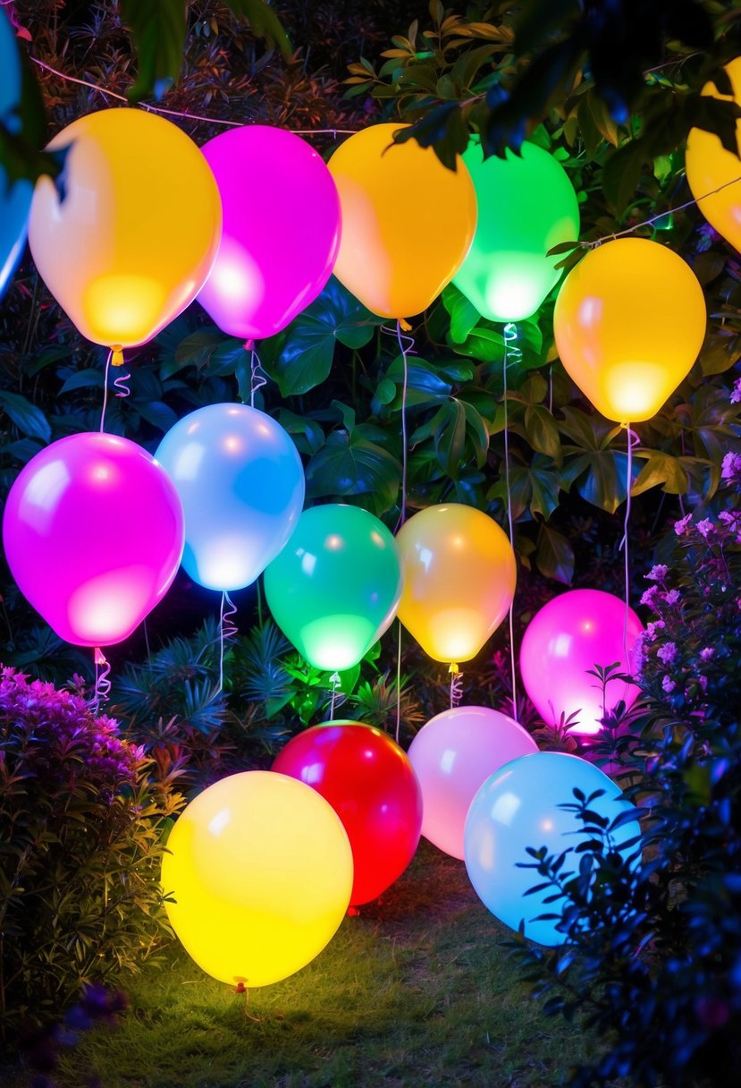 Vibrant LED balloons illuminate a lush garden, casting a colorful glow over the foliage and creating a magical ambiance for a party