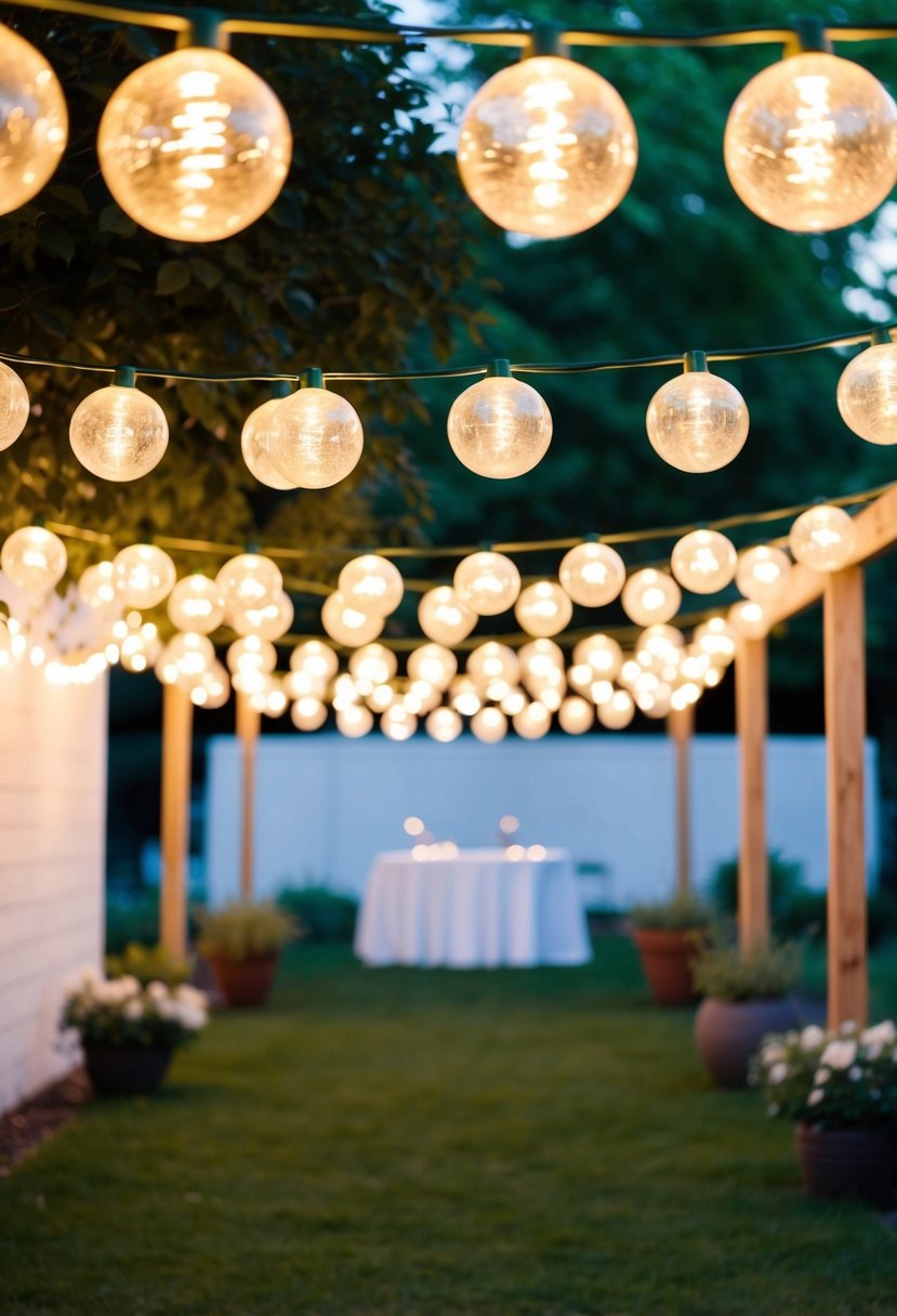 A garden adorned with strings of glowing globe lights, creating a warm and inviting atmosphere for an outdoor party