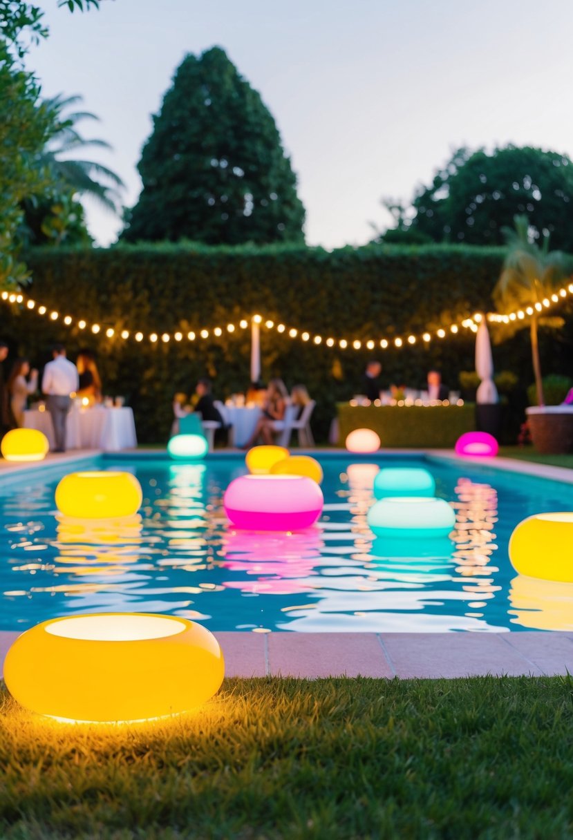 Colorful floating pool lights illuminate a lush garden party, casting a warm and inviting glow over the water and surrounding greenery