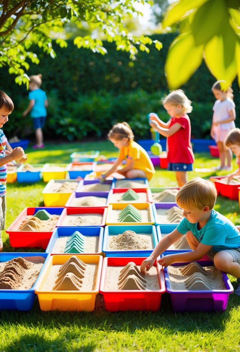 A colorful array of sand art stations set up in a lush garden, with children happily creating intricate designs in the warm sunshine