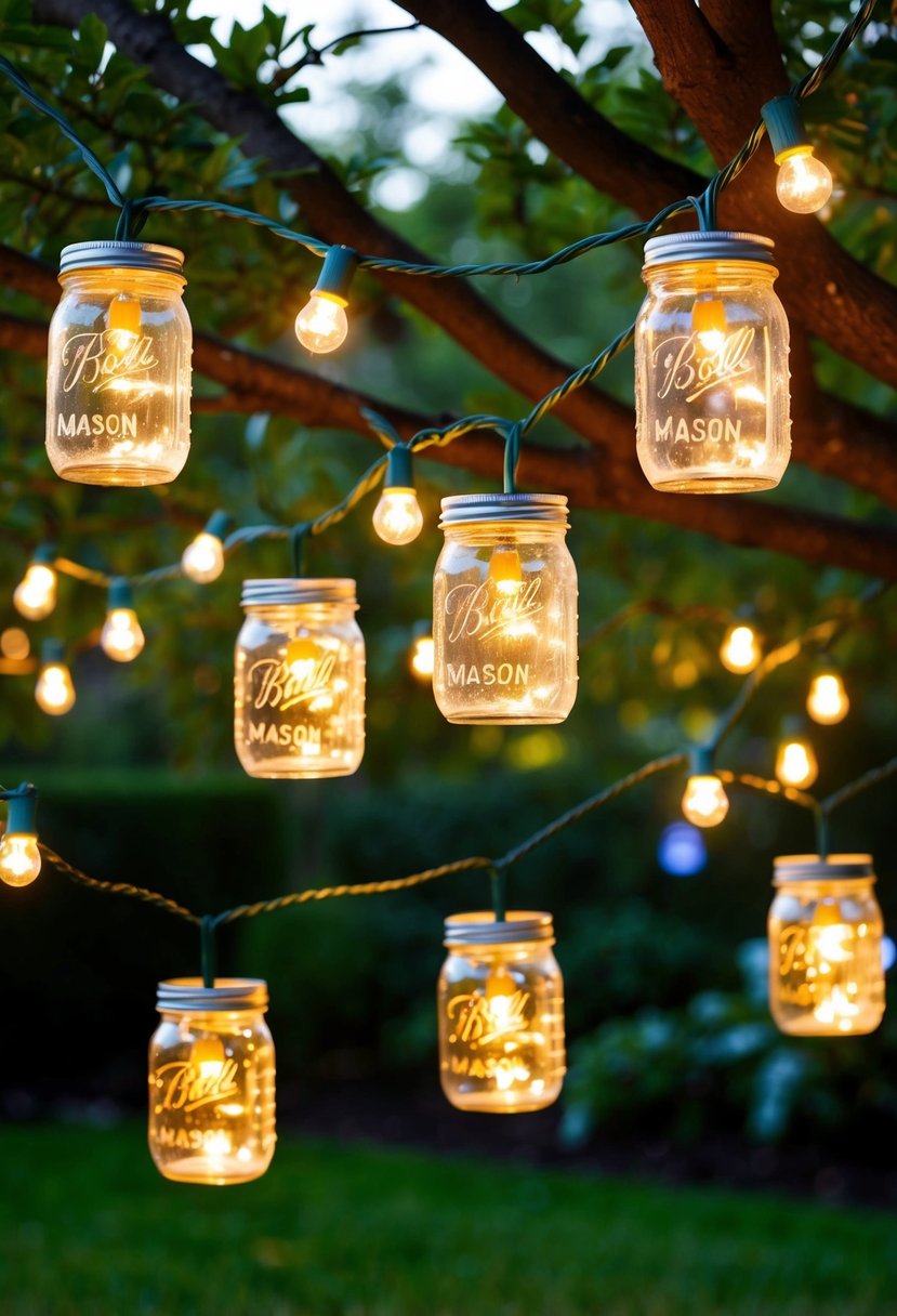 A garden filled with mason jar lights hanging from tree branches, creating a warm and inviting atmosphere for a party