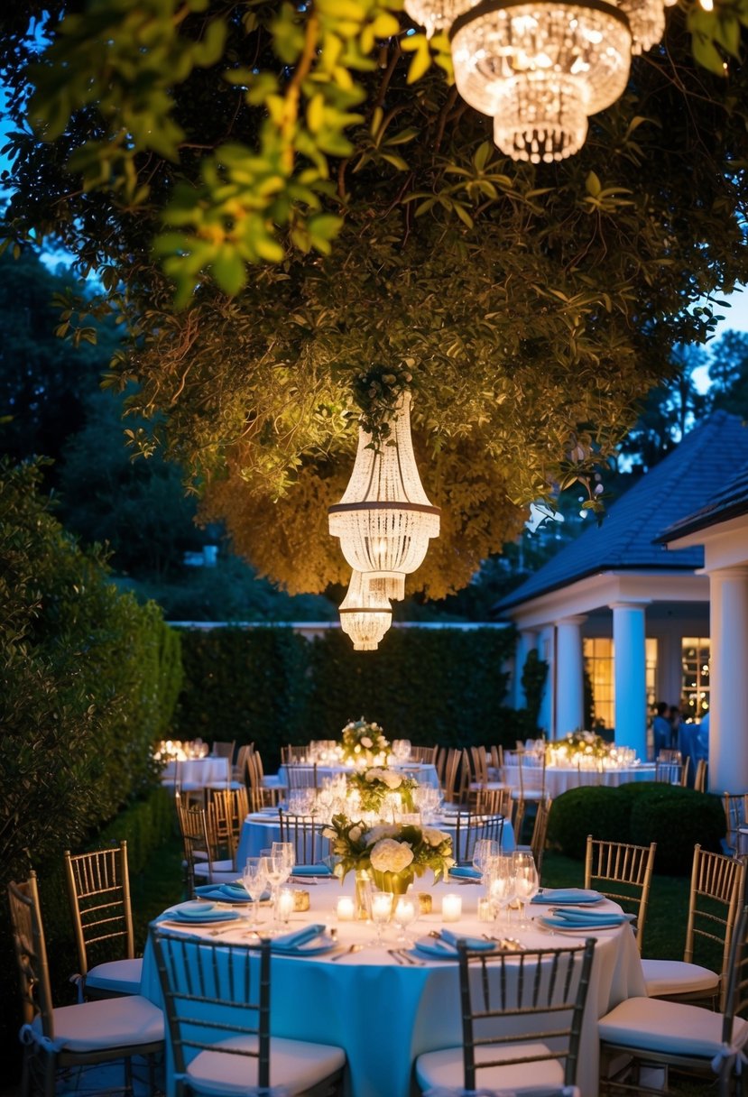 A lush garden at dusk, adorned with elegant chandeliers casting a warm and inviting glow over a sophisticated outdoor party
