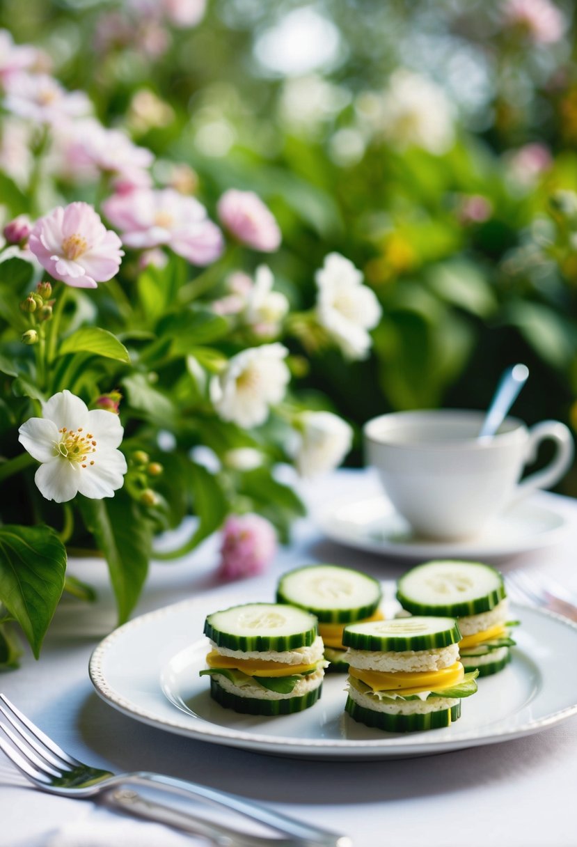 A table set with delicate cucumber sandwiches, surrounded by blooming flowers and lush greenery