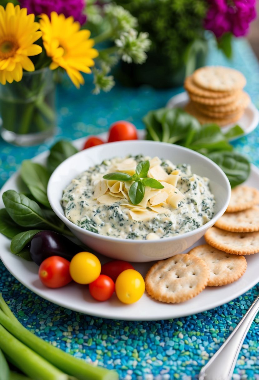 A table set with a bowl of spinach artichoke dip surrounded by fresh vegetables and crackers, with colorful flowers and greenery in the background