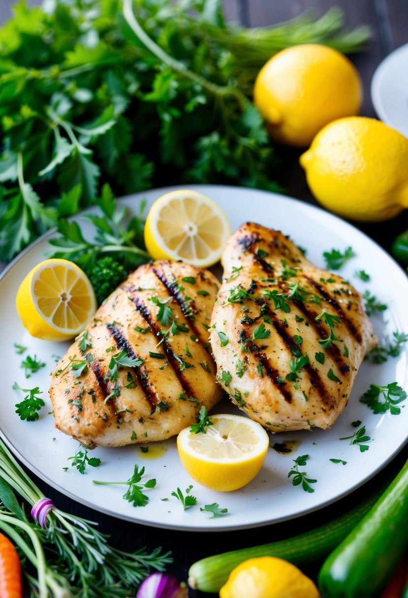 A plate of lemon herb grilled chicken surrounded by fresh herbs, lemons, and a colorful assortment of garden vegetables