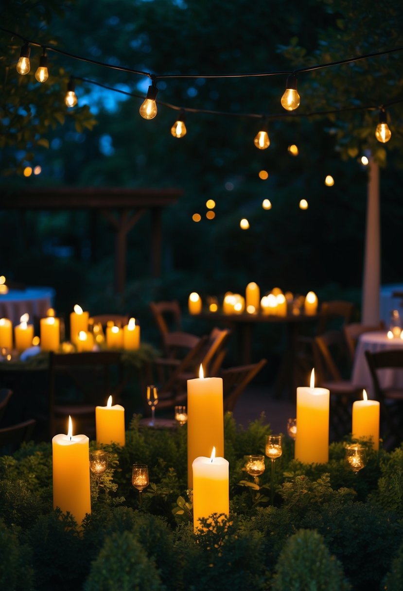 A garden bathed in candlelight, with soft shadows and flickering flames creating a magical nighttime ambiance for a party