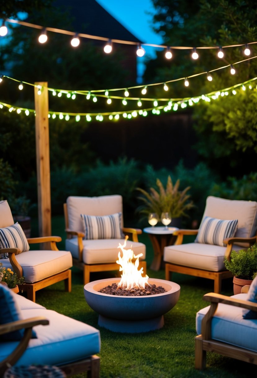 A cozy garden party at night with soft seating, twinkling string lights, and a warm fire pit