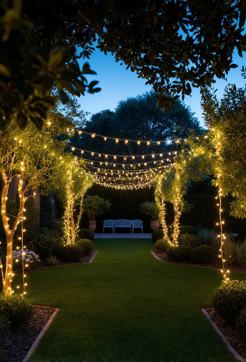 A lush garden at dusk, adorned with twinkling string lights weaving through trees and shrubs, casting a warm and inviting glow over the serene setting