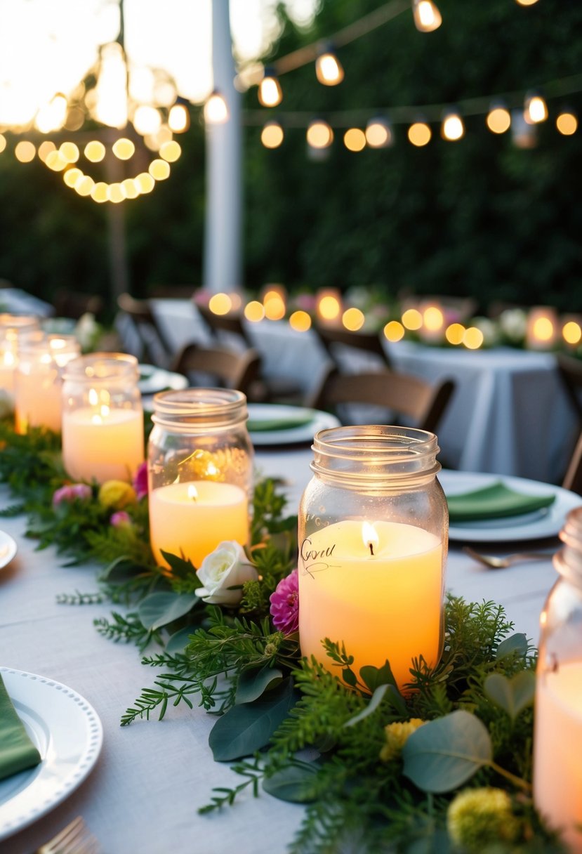 A garden party scene with mason jar candles casting a warm glow on a table set with flowers, greenery, and twinkling lights