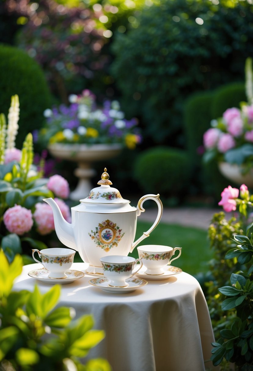 A lush garden with a Royal Albert tea set on a table, surrounded by elegant British-style decor and flowers
