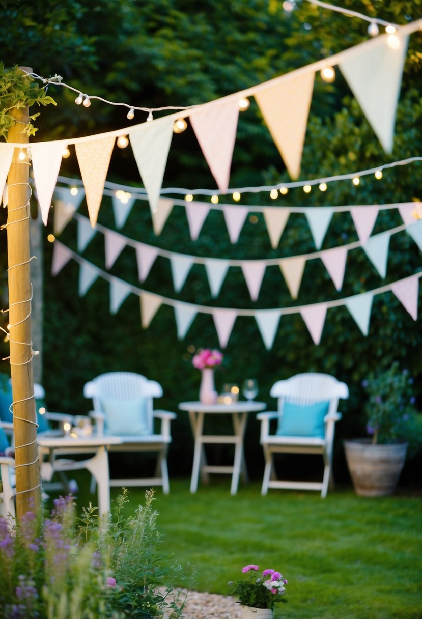 A garden adorned with bunting and string lights, evoking a British-style party atmosphere