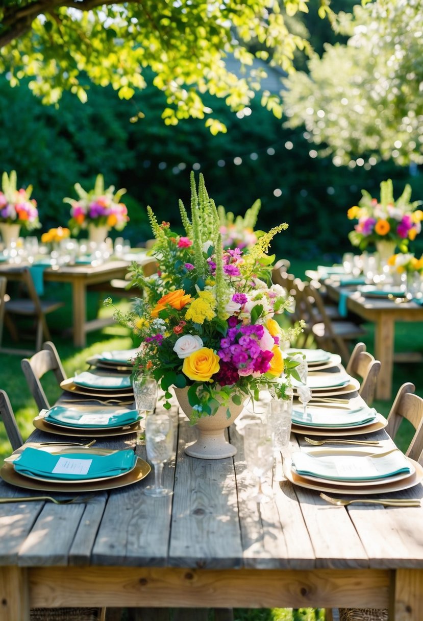 A garden party with vibrant floral centerpieces on rustic wooden tables, surrounded by lush greenery and dappled sunlight
