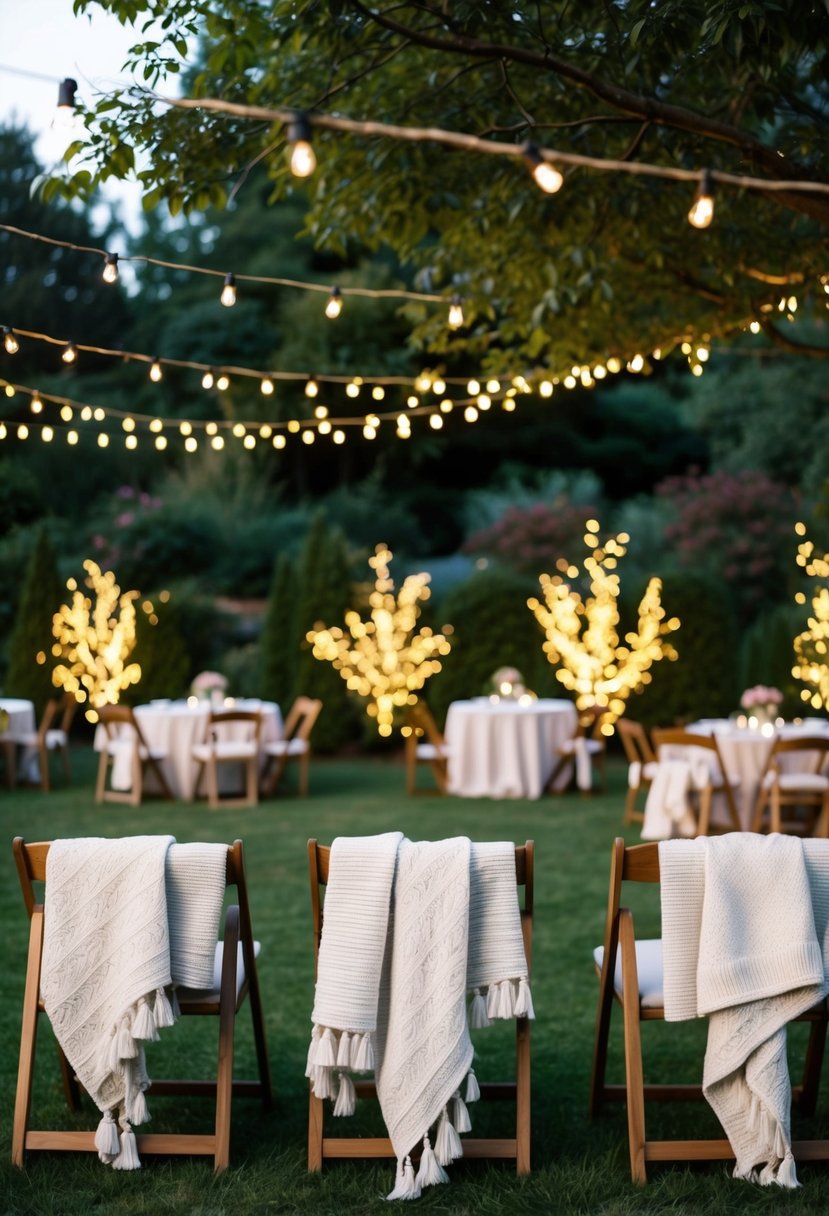 A garden party with cozy blankets draped over chairs, fairy lights twinkling in the trees, and a warm, inviting ambiance