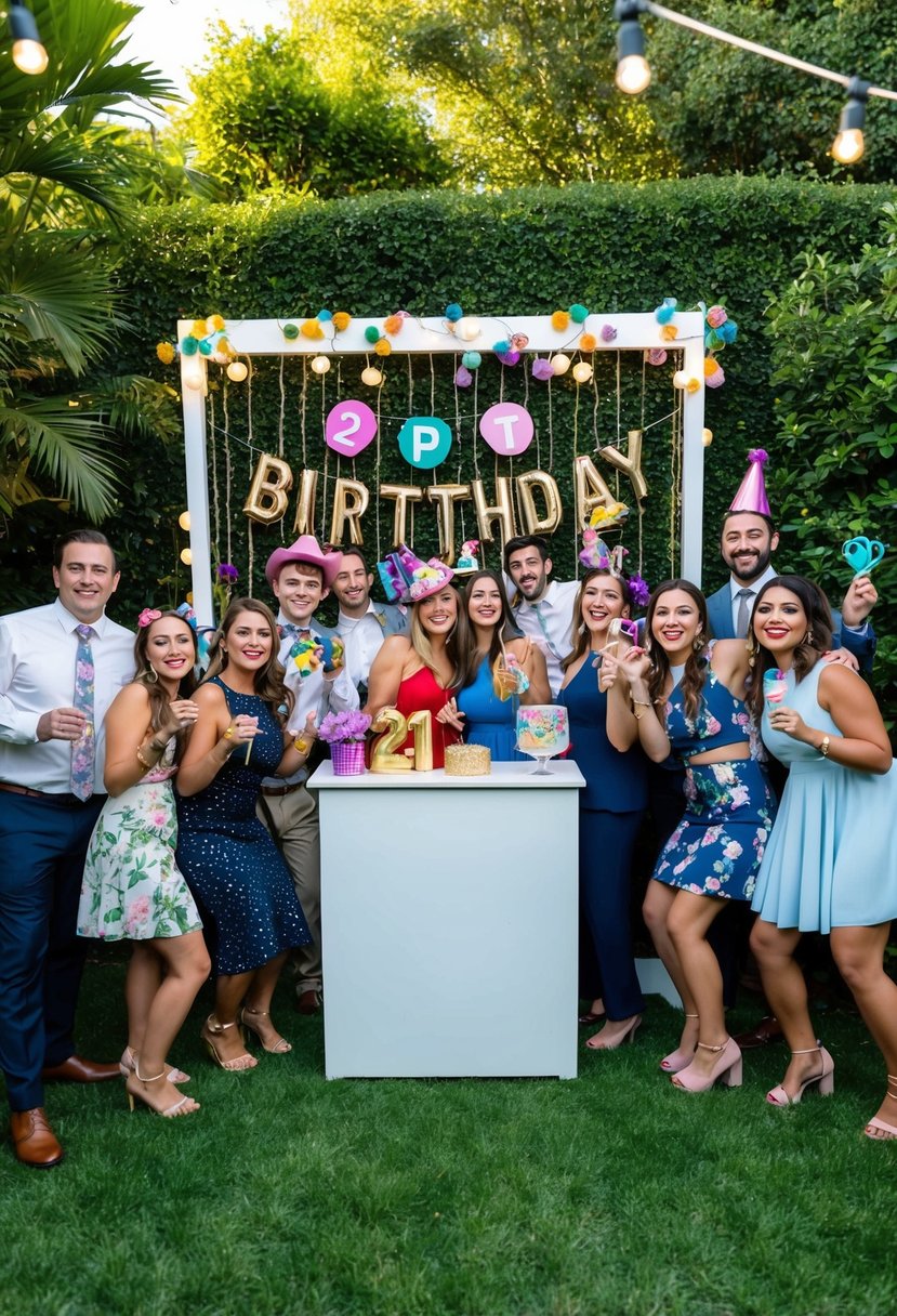 A lush garden with a photo booth station adorned with twinkling lights and colorful props, surrounded by happy partygoers celebrating a 21st birthday