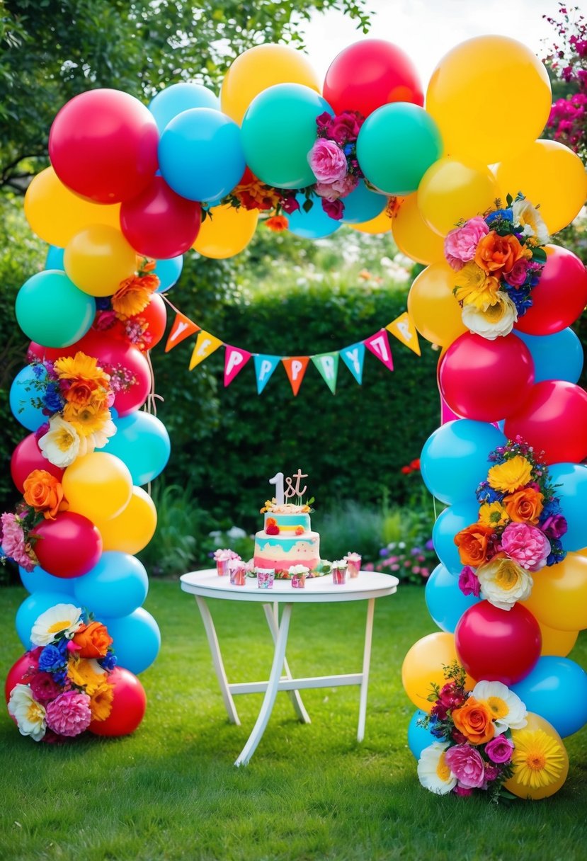 A colorful balloon arch frames a garden party, adorned with vibrant flowers for a 1st birthday celebration