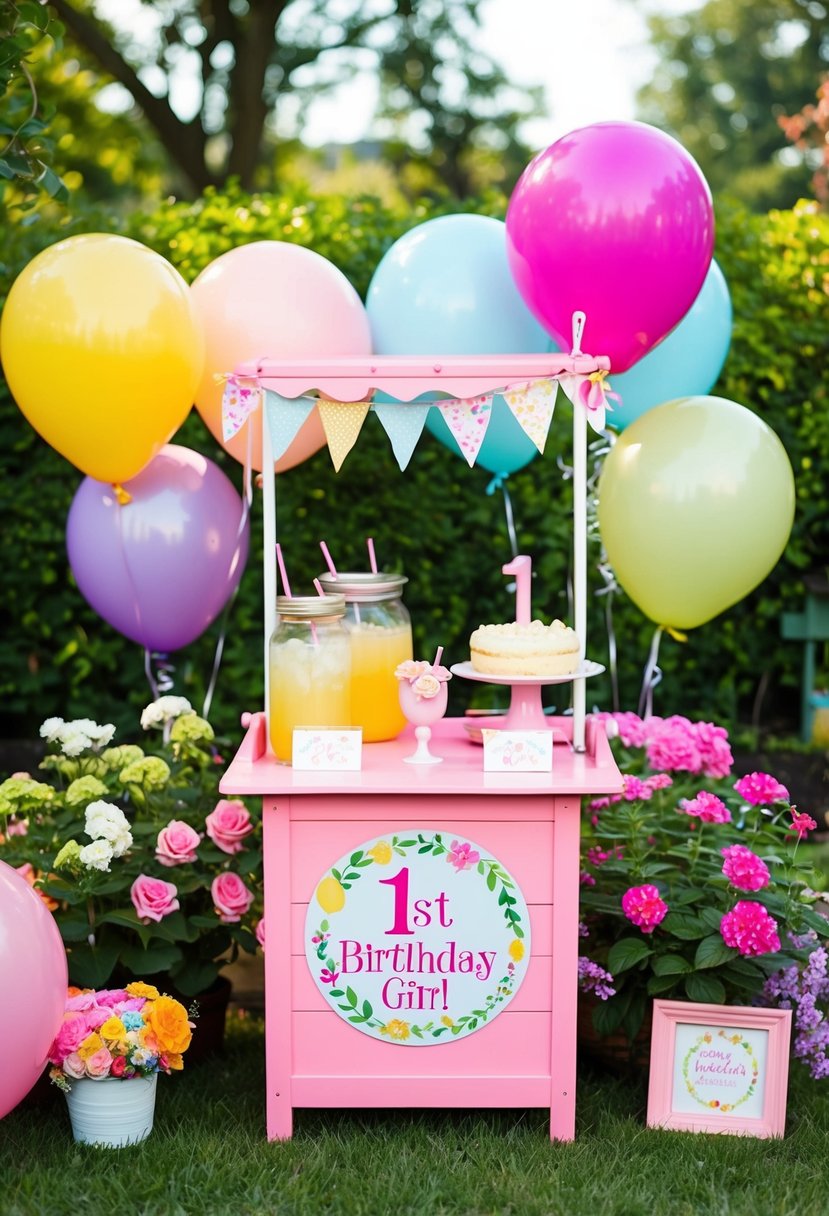 A charming garden party with a pink lemonade stand, surrounded by blooming flowers and colorful balloons to celebrate a 1st birthday girl