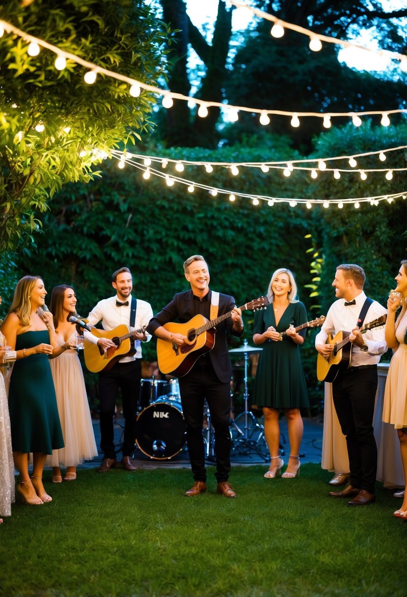 A lively acoustic band performs under twinkling lights in a lush garden, surrounded by guests enjoying a 21st birthday celebration