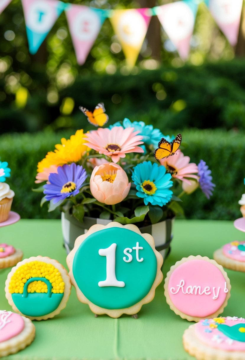 A garden-themed 1st birthday party with personalized cookie favors, featuring colorful flowers, butterflies, and a cute little girl's name