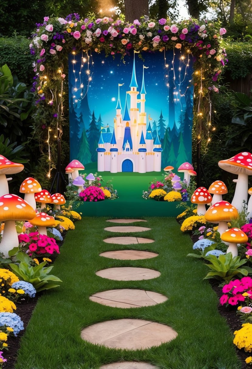 A lush garden with colorful flowers, whimsical mushrooms, and twinkling fairy lights, set up with a photo booth backdrop featuring a magical fairy tale castle and enchanted forest