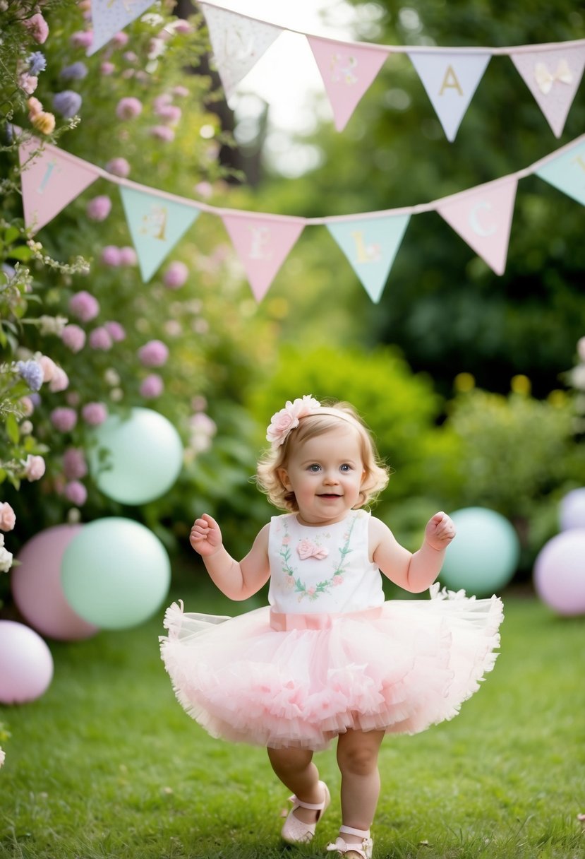 A charming garden adorned with delicate pastel bunting, creating a whimsical atmosphere for a 1st birthday celebration for a little girl
