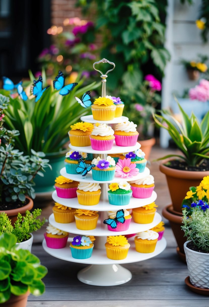 A tiered cupcake stand adorned with colorful flower and butterfly cupcakes, surrounded by potted plants and garden decorations