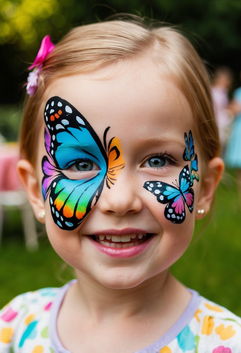 A colorful butterfly face painting design adorns the cheek of a joyful 1st birthday girl at a garden party