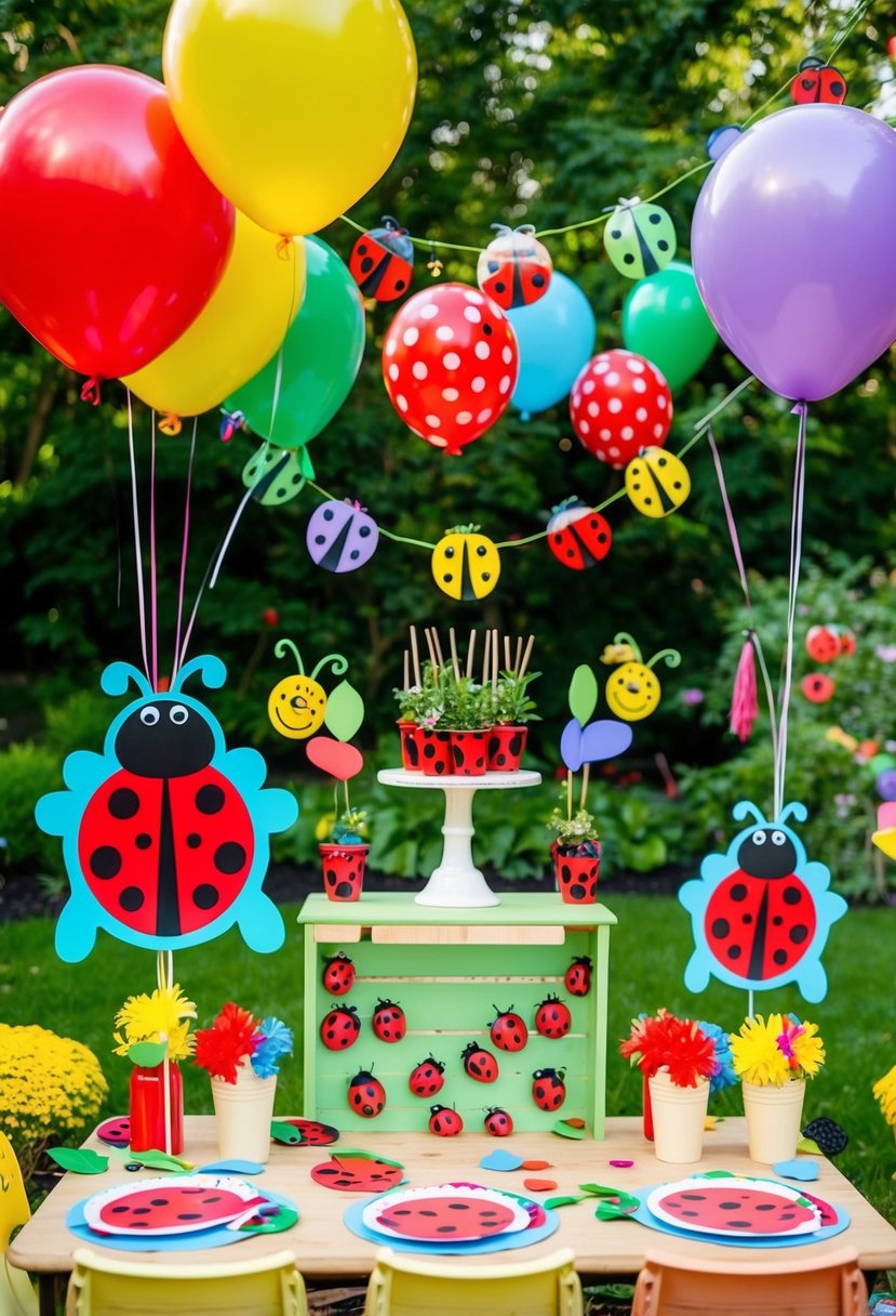 A whimsical garden party with ladybug-themed decorations, colorful balloons, and a craft station for little ones to create their own ladybug crafts