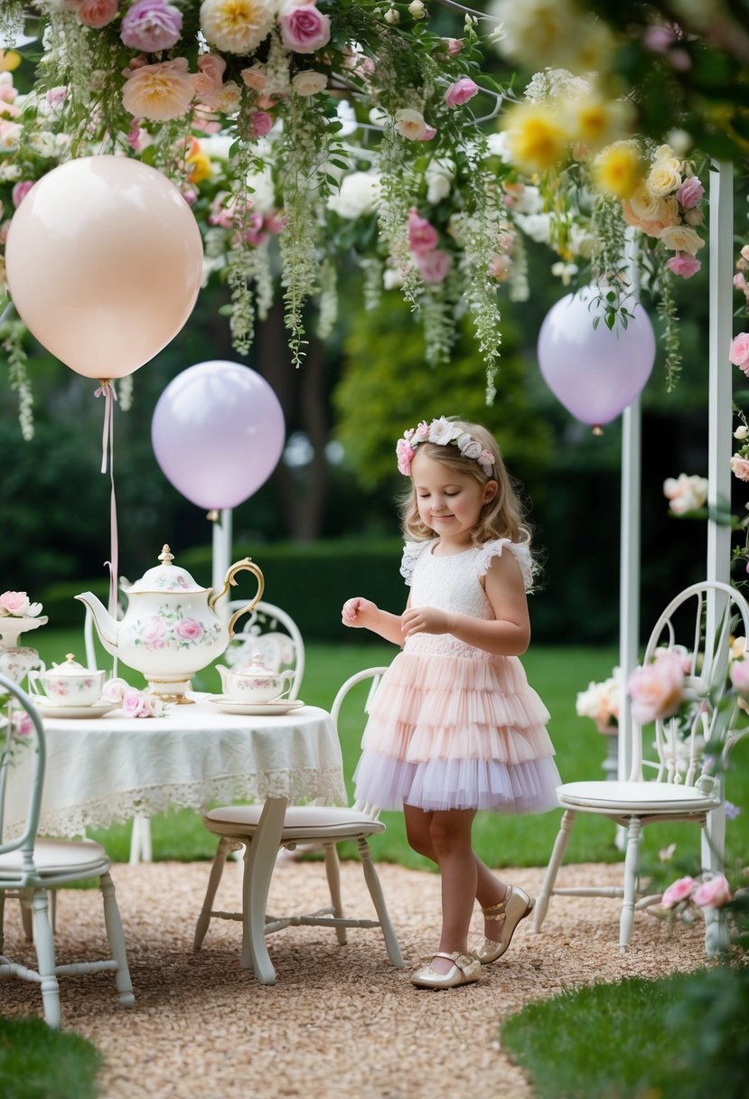 A charming garden setting with delicate tea sets, pastel balloons, and a canopy of flowers. A little girl in a frilly dress plays amongst the decor