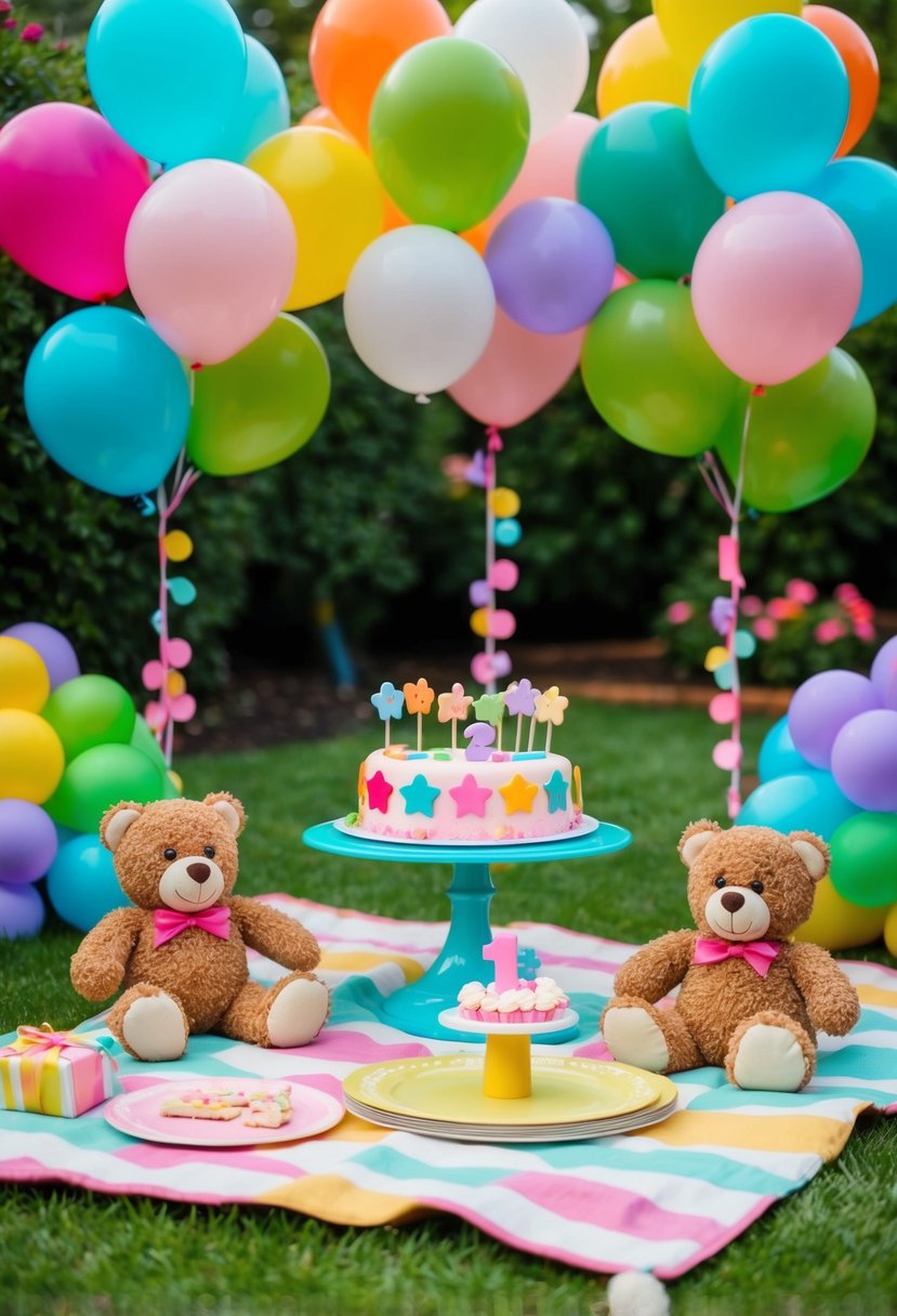 A whimsical garden setting with colorful balloons, picnic blankets, and teddy bear-themed decorations for a 1st birthday girl's party