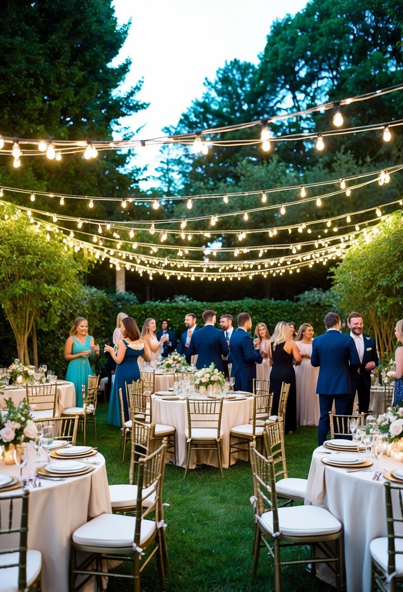 A garden adorned with string light canopies for a 40th birthday party. Tables are set with elegant place settings and floral centerpieces, while guests mingle under the twinkling lights