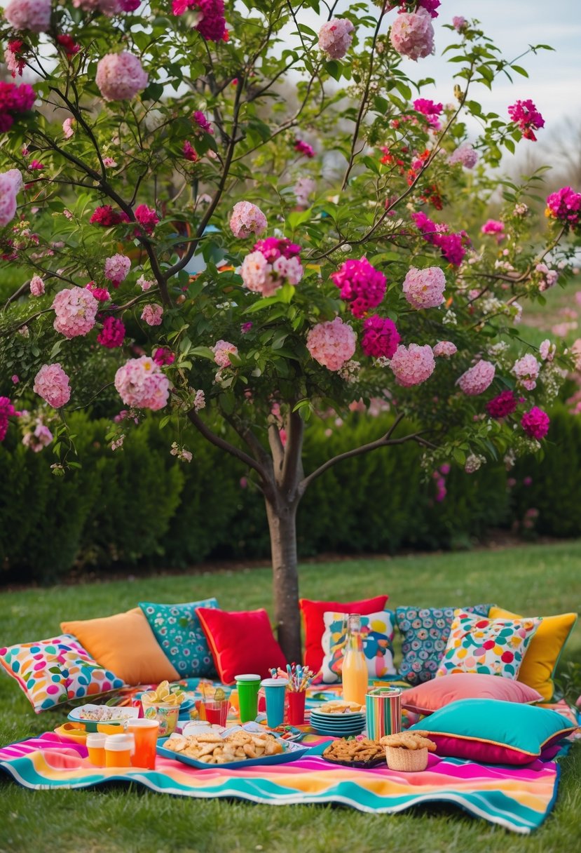A colorful vintage picnic blanket spread out under a blooming floral tree, surrounded by retro patterned cushions and a spread of 70s themed snacks and drinks