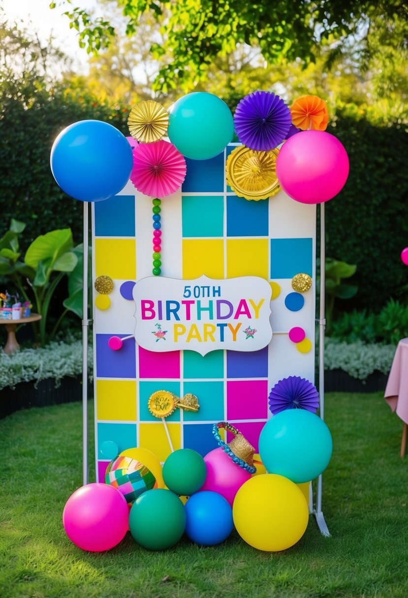 A photo booth set up in a garden with colorful props for a 50th birthday party