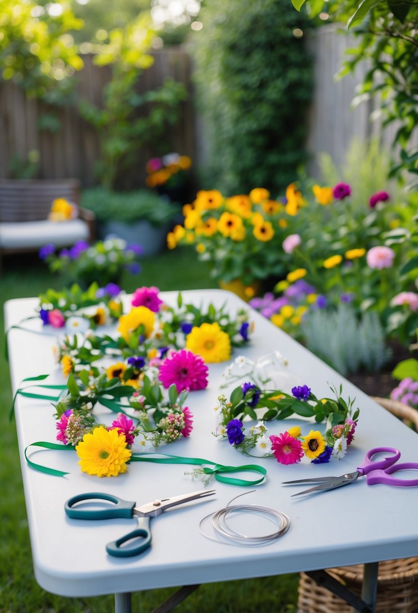 A backyard garden filled with colorful flowers and greenery, with a table set up for crafting flower crowns. Decorative ribbons, scissors, and wire are scattered around the table