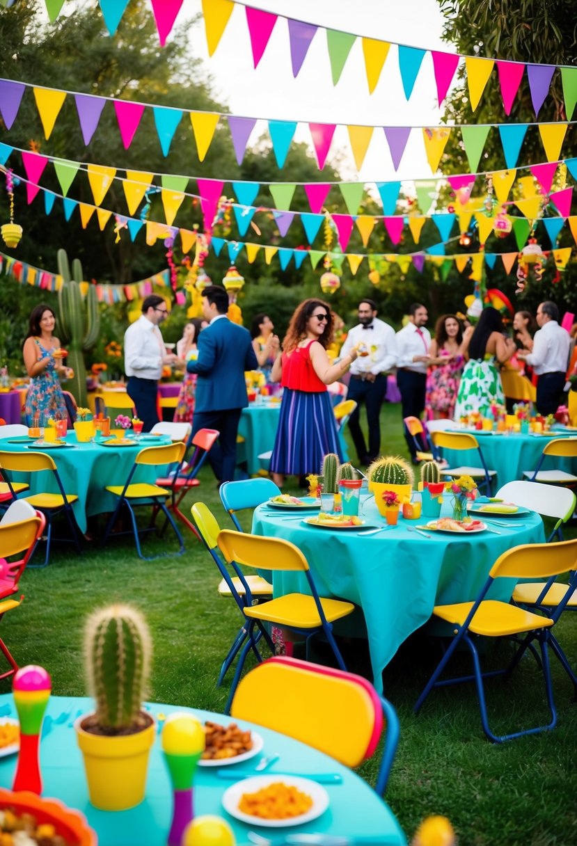 A vibrant garden party with 70s decor, colorful banners, and a festive fiesta atmosphere. Tables adorned with cacti and maracas, while guests enjoy Mexican cuisine and lively music