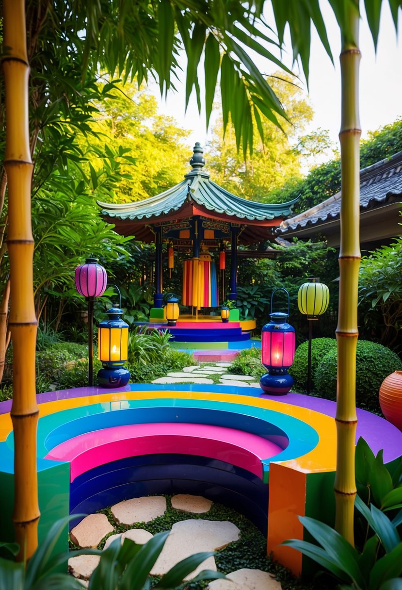 A colorful Zen garden with retro 70s decor, lanterns, and bamboo accents, surrounded by lush greenery and a peaceful ambiance
