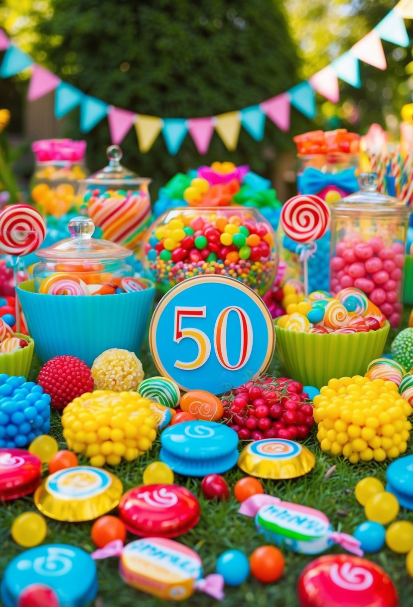 A colorful garden filled with retro candy and decorations for a 50th birthday party