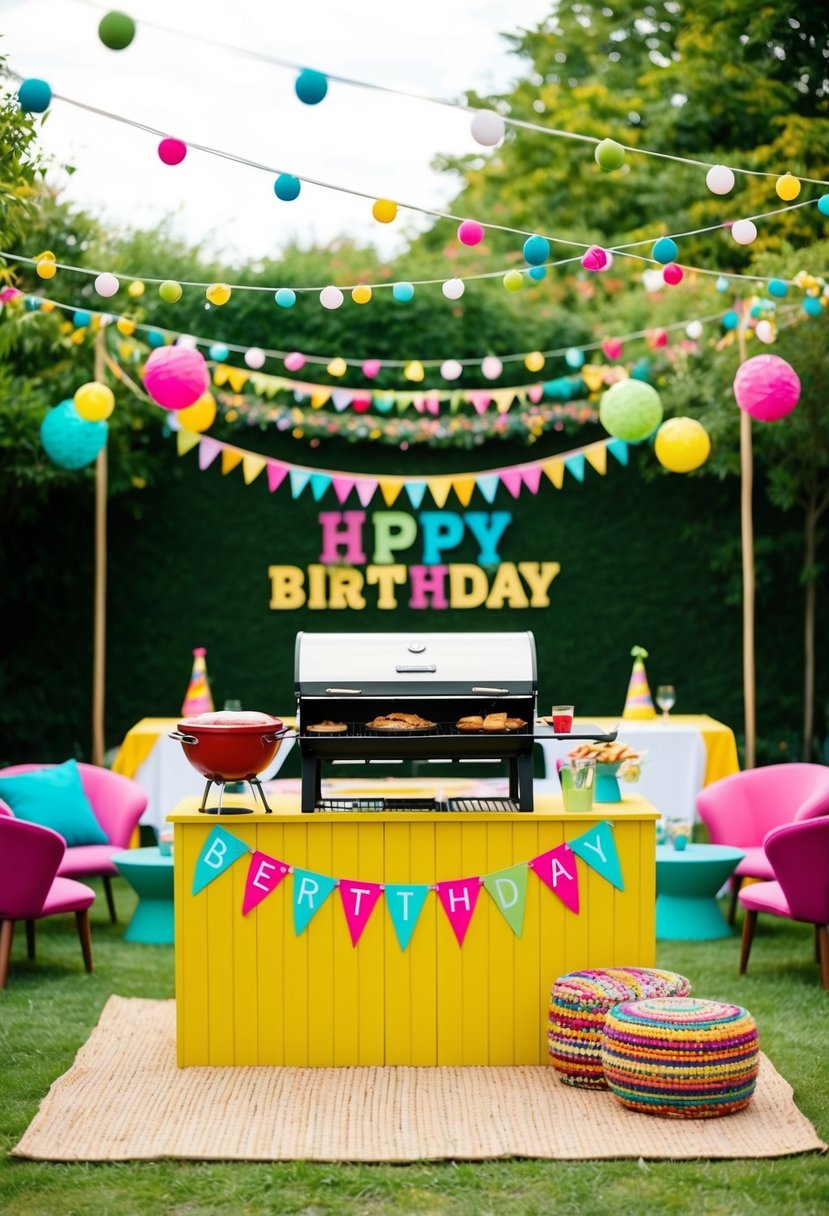 A festive garden party with a gourmet BBQ station, colorful decorations, and seating for a 40th birthday celebration