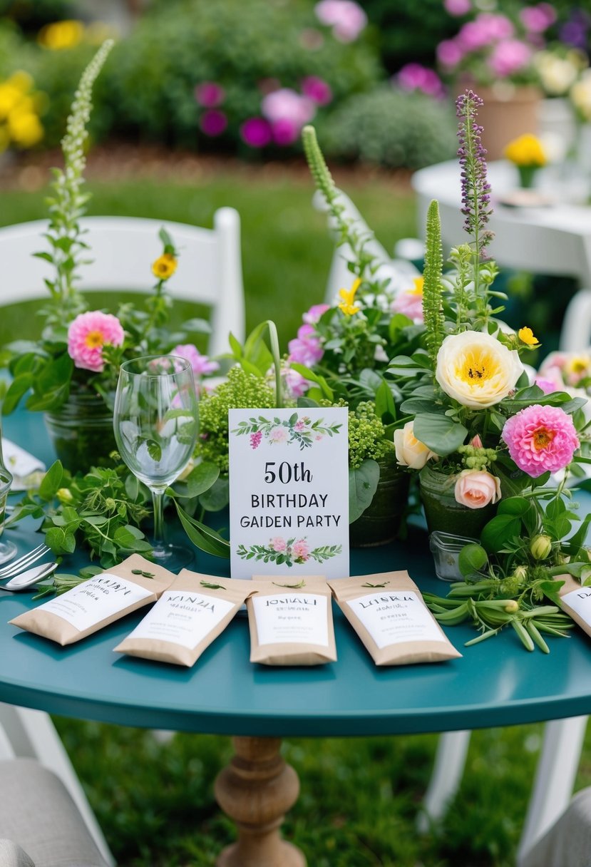 A table with personalized seed packets, surrounded by blooming flowers and greenery, set up for a 50th birthday garden party