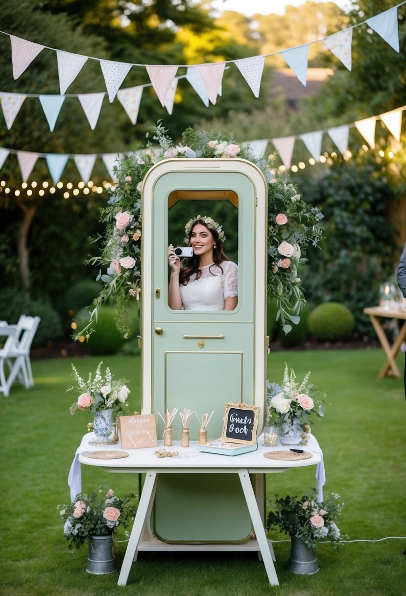 A garden party with a vintage photo booth, surrounded by fairy lights, bunting, and floral arrangements. A table holds props and a guest book