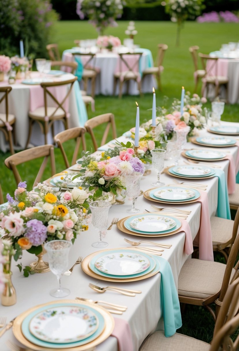 A table set with floral centerpieces, pastel linens, and vintage china for a 40th birthday garden party